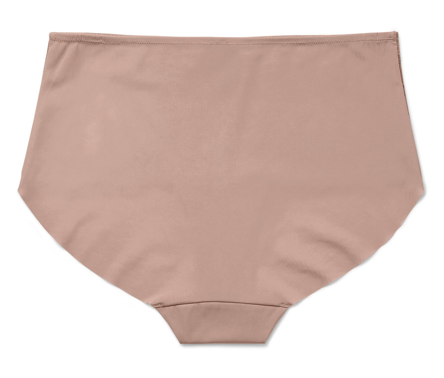 Ein einzelner, hautfarbener, hochtaillierter Damenslip liegt auf einem weißen Hintergrund.