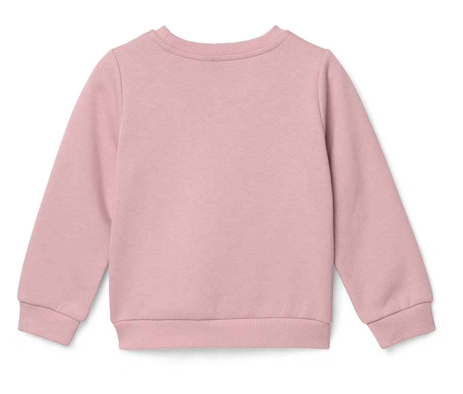 Rückansicht eines hellrosa Kinderpullovers mit Rundhalsausschnitt.