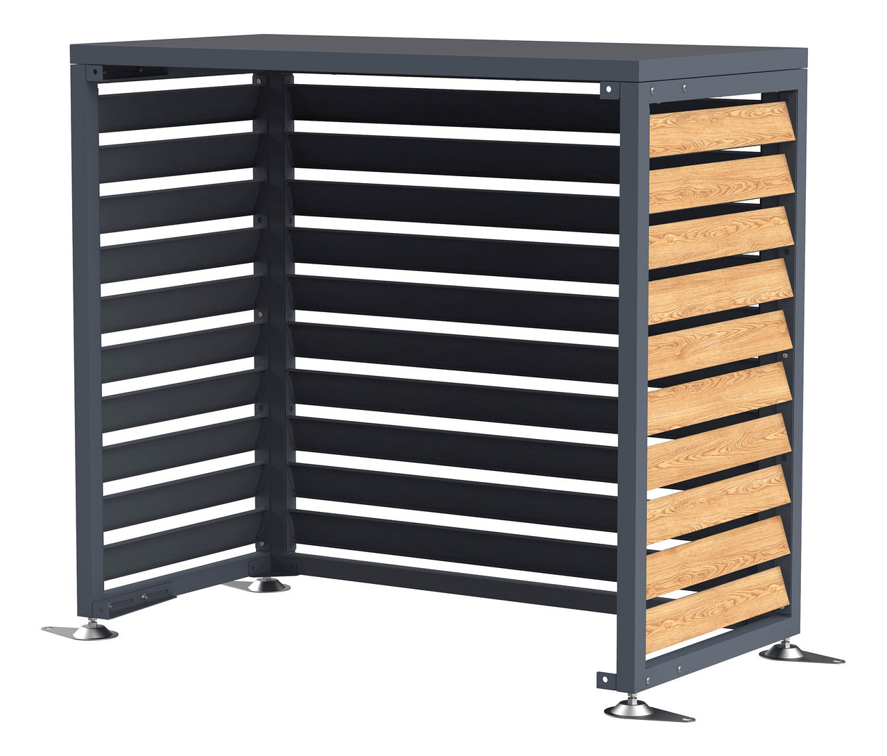 Ein graues Gerätehaus mit horizontalen Lamellen auf der linken Seite und Holzlamellen auf der rechten Seite.