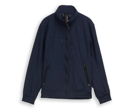 Marineblaue Jacke mit Reißverschluss und mehreren Taschen.