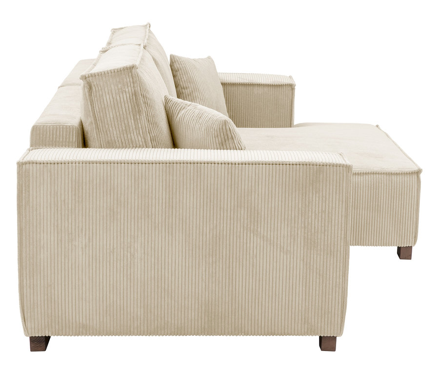 Beiges Cordsofa mit Kissen und Ottomane, Seitenansicht.