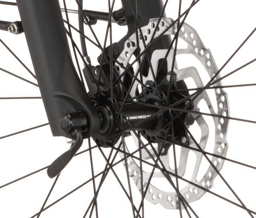 Nahaufnahme vom Vorderrad eines FISCHER Trekking-E-Bike VIATOR MOVE mit Diamant-Rahmen, inklusive Speichen, Bremsscheibe und Gabel.