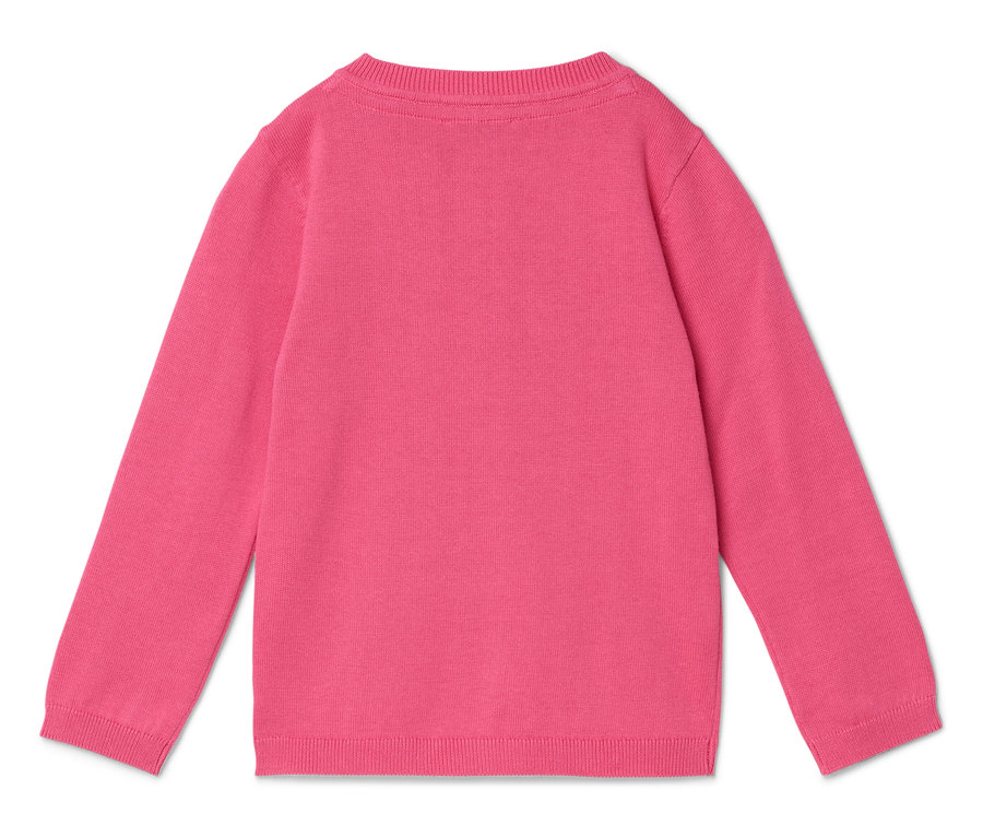 Rückansicht eines pinkfarbenen Strickpullovers mit langen Ärmeln.