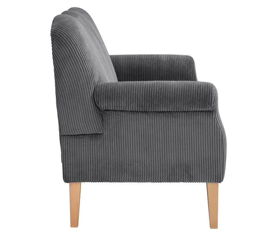 Seitenansicht eines grauen Cordsofas mit Holzbeinen.