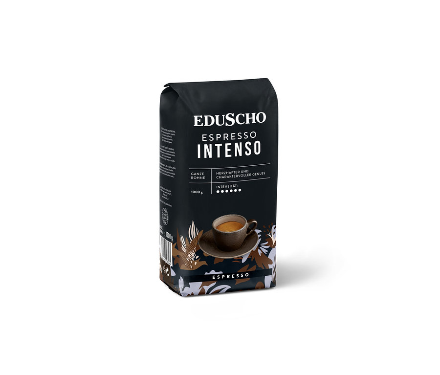 Eine Packung Eduscho Espresso Intenso Ganze Bohne.