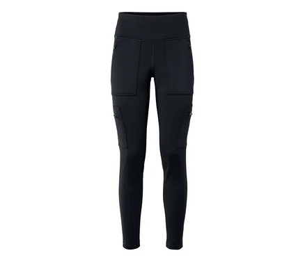 Schwarze Leggings mit Reißverschlusstaschen und Cargotaschen.