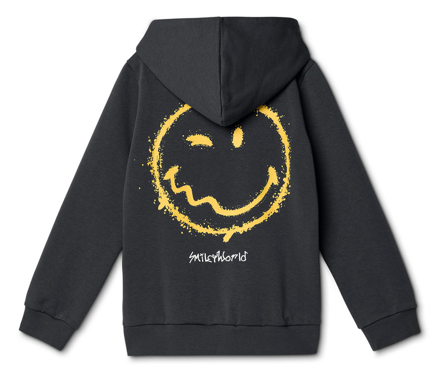 Schwarzer Hoodie mit großem, verwaschenem gelben Smiley-Gesicht und „SMILEYWORLD“-Schriftzug auf dem Rücken.
