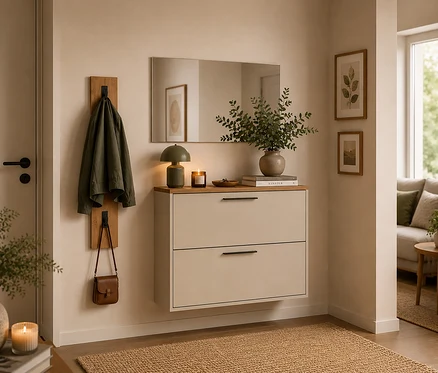 Ein heller Flur mit einem beigefarbenen Schuhschrank unter einem Spiegel, darauf eine grüne Lampe und eine Pflanze. Daneben hängt eine grüne Jacke an einer Holzgarderobe. Ein geflochtener Teppich liegt auf dem Boden.