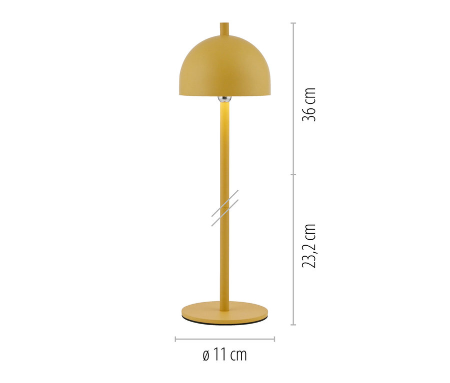 Gelbe Tischlampe mit kuppelförmigem Schirm, zylindrischem Stiel und rundem Fuß. Sie ist 36 cm hoch, der Stiel misst 23,2 cm und der Fuß hat einen Durchmesser von 11 cm.