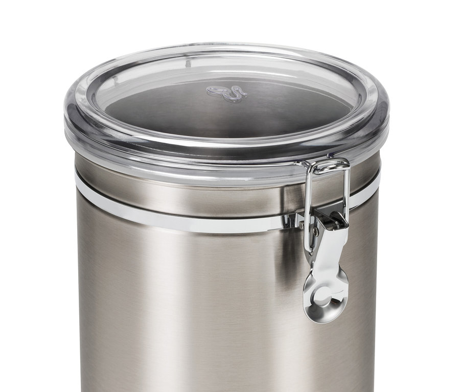 Nahaufnahme einer Aromadose 1 kg aus Edelstahl mit transparentem Deckel und Verschluss.