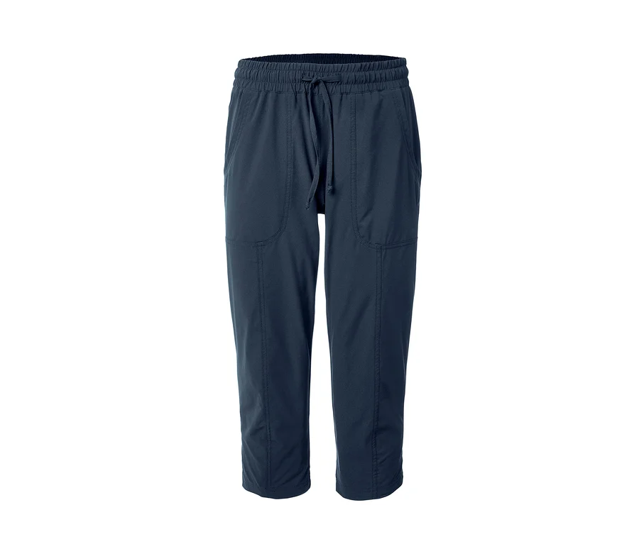 Marineblaue Softshell-Funktionscapri mit elastischem Bund und Kordelzug.