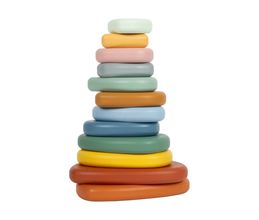 small foot Montessori-Bundle 1 Stapelturm aus 12 ovalen Holzringen in Pastellfarben.