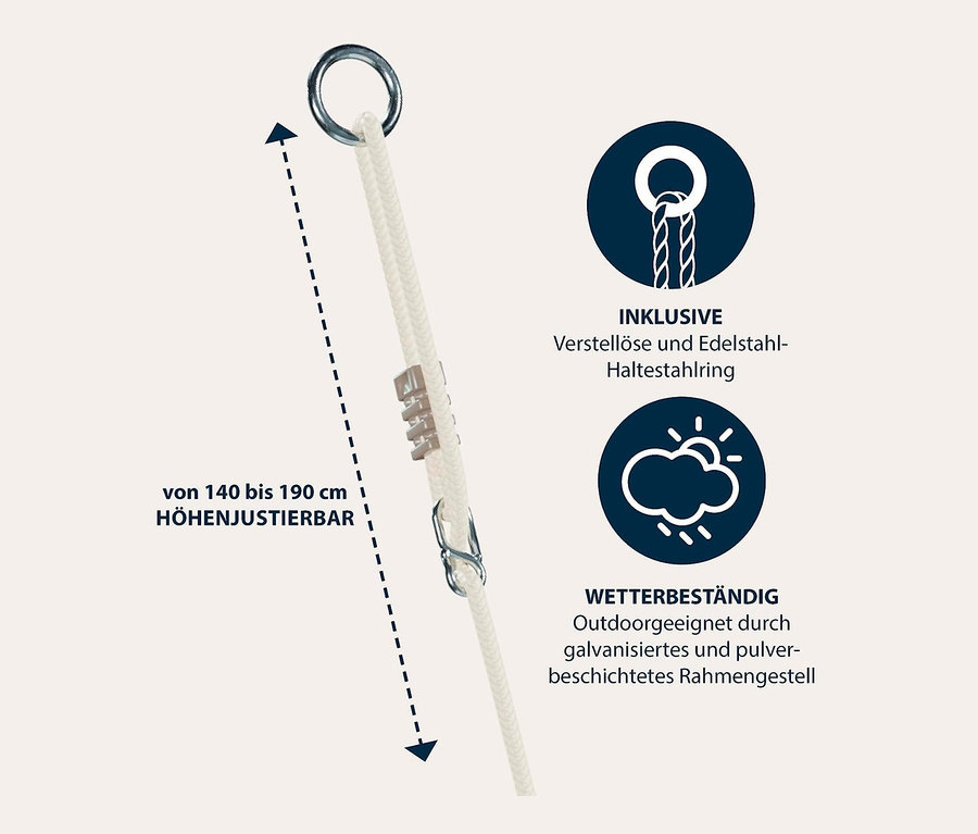 Abbildung eines Seils mit Metallring und Höhenverstellung von 140 bis 190 cm. Enthält die Information, dass ein verstellbarer Stahlring inklusive ist und dank verzinktem und pulverbeschichtetem Rahmen wetterbeständig ist. HUDORA Nestschaukel »Lounge«, beige, Ø 110 cm