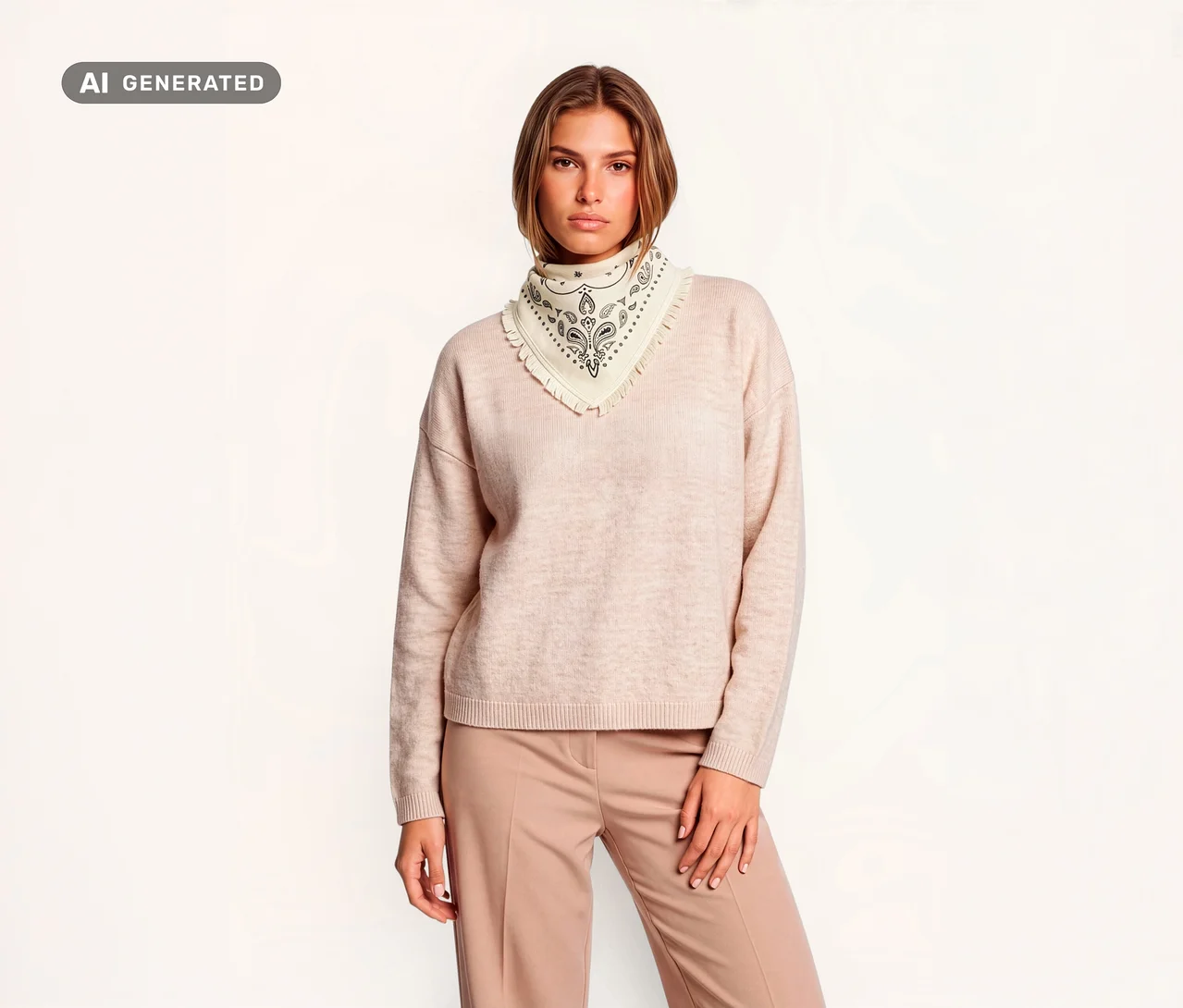 Eine Frau trägt einen hellrosa Pullover, eine hellbraune Hose und eine cremefarbene Strick-Bandana mit Wolle und Kaschmir um den Hals, die ein schwarzes Paisleymuster und einen Fransenrand aufweist.