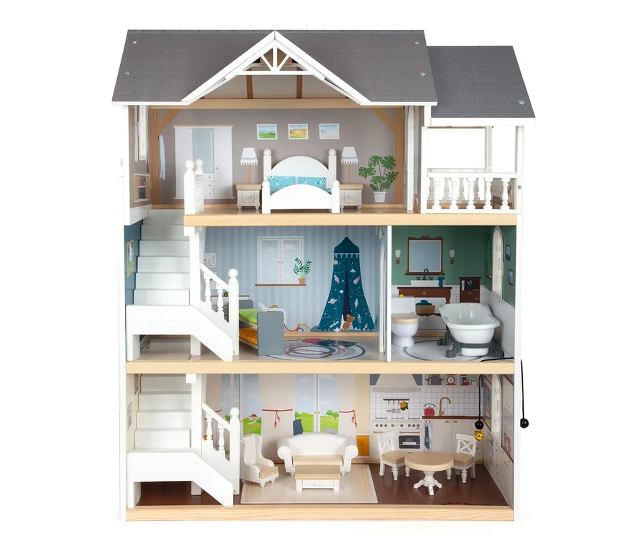 Detailaufnahme eines dreistöckigen small foot Puppenhaus Stadtvilla aus Holz mit Ausstattung.