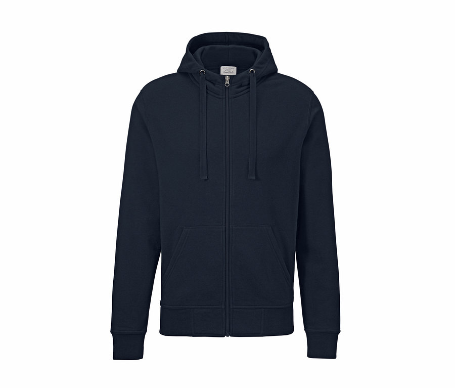 Dunkelblaue Sweatjacke mit Kapuze und Reißverschluss in der Mitte.