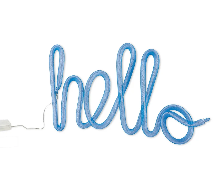 Blauer LED-Dekoschriftzug »Hello« auf weißem Hintergrund.