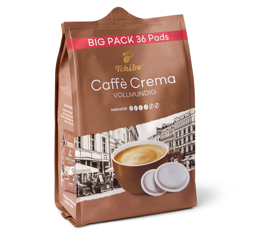 Braune Packung Caffè Crema Vollmundig - 36 Pads mit Aufschrift Big Pack 36 Pads.