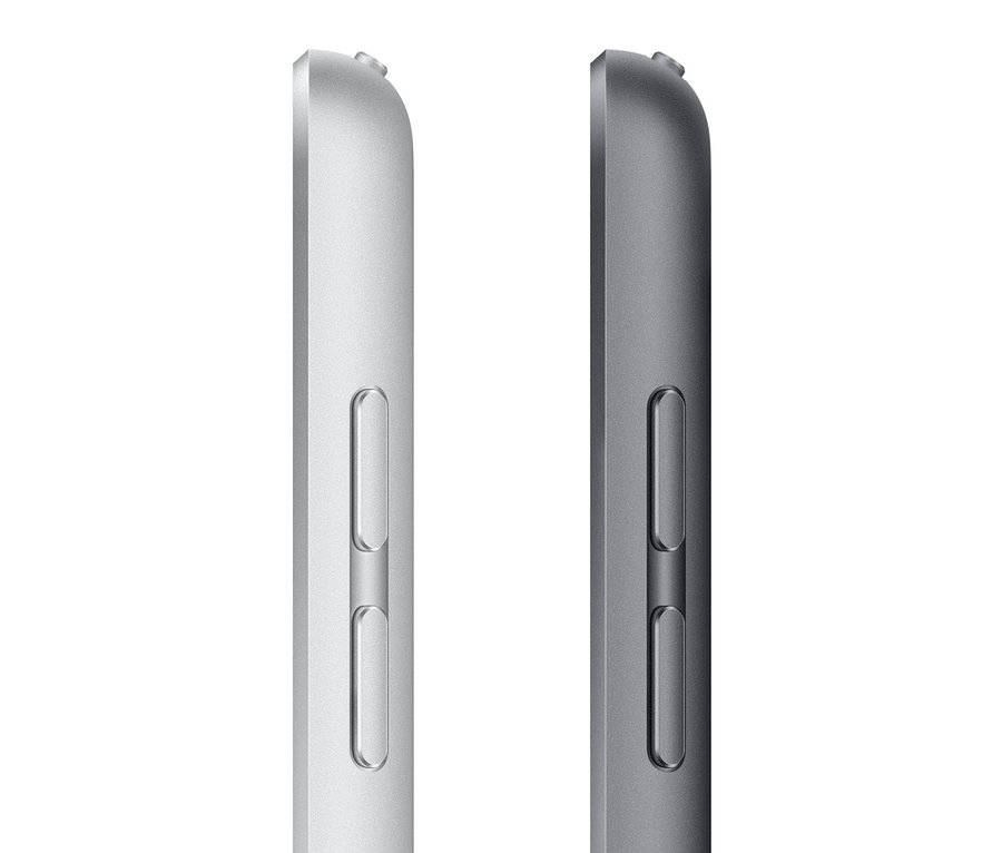 Detailansicht der Seite eines silbernen und eines grauen Apple iPad 9. Generation, 64 GB, Wi-Fi.