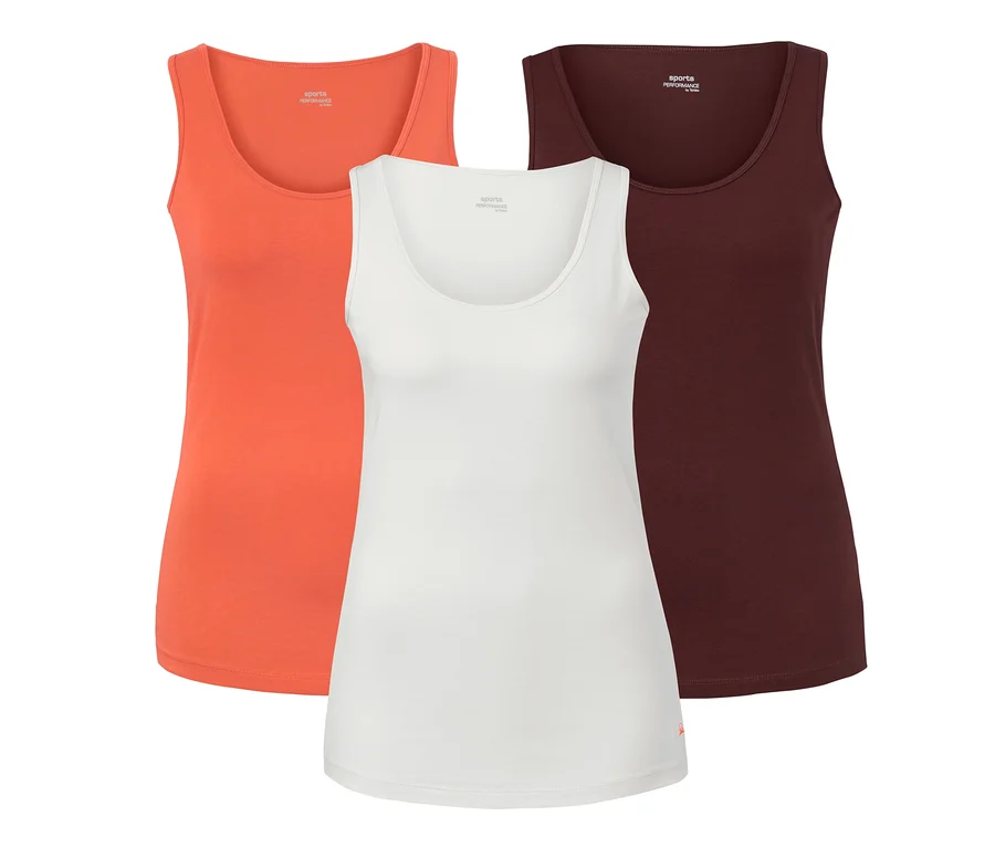 Drei Tops in Orange, Dunkelrot und Grau.