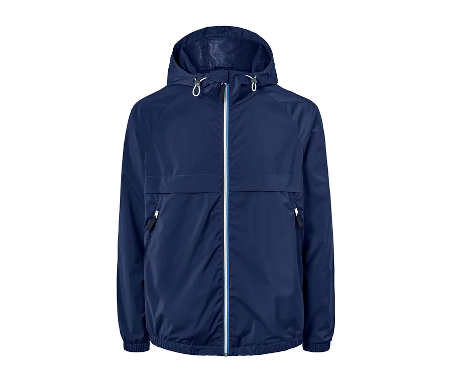 Dunkelblaue Windbreaker-Jacke mit Kapuze und weißem Reißverschluss.