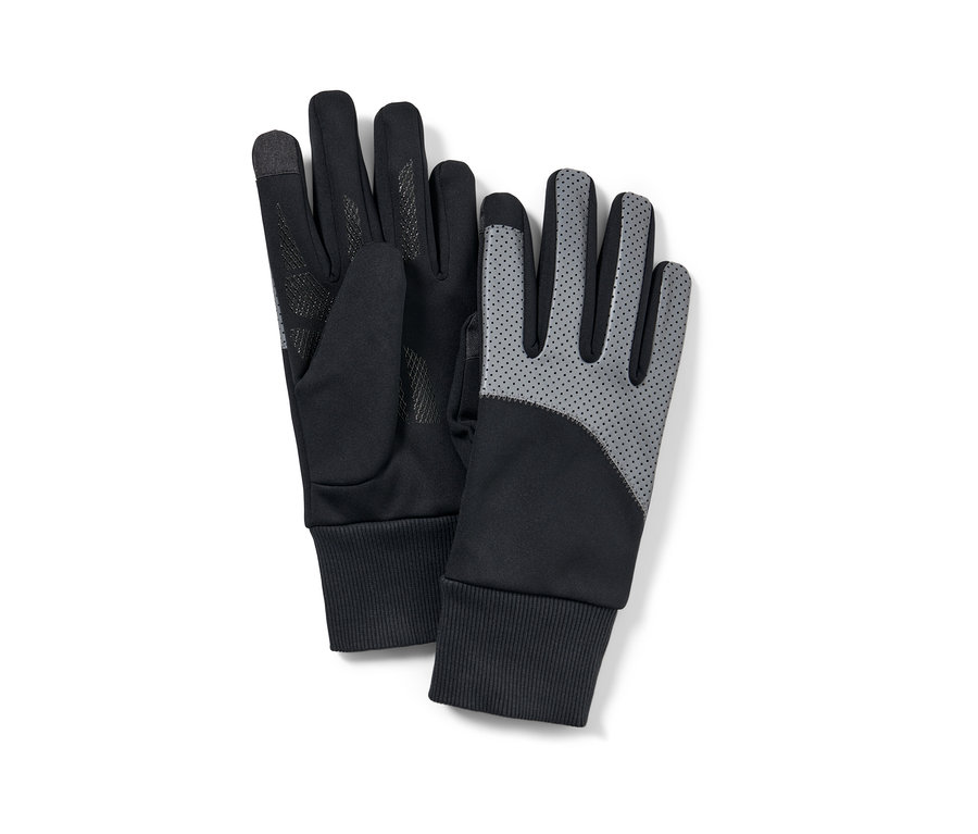 Ein Paar Windprotection-Handschuhe mit Reflektorbesatz liegen auf einem weißen Hintergrund.