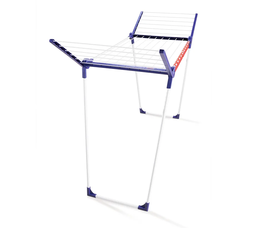 Ein aufgebauter Leifheit Pegasus 150 Solid Slim Standtrockner mit weißen Beinen und blauem Rahmen.