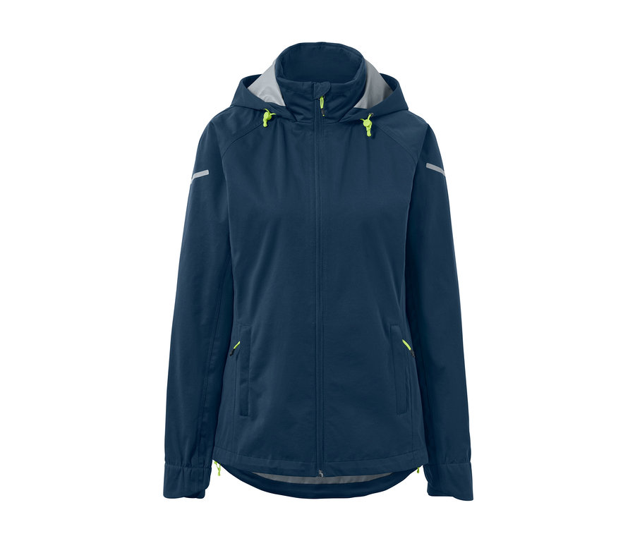 Blaue Rad-Regenjacke mit Kapuze und Reflektoren.