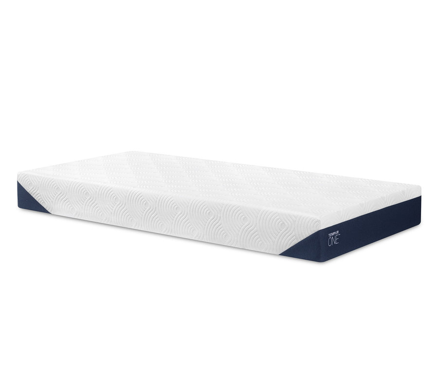 Eine TEMPUR® ONE™ Matratze Medium mit weisser Oberfläche und dunkelblauen Seiten.