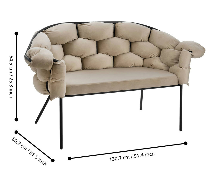 Cremefarbenes Eglo 2er-Sofa »Manambolosy« mit schwarzem Gestell und Maßangaben.