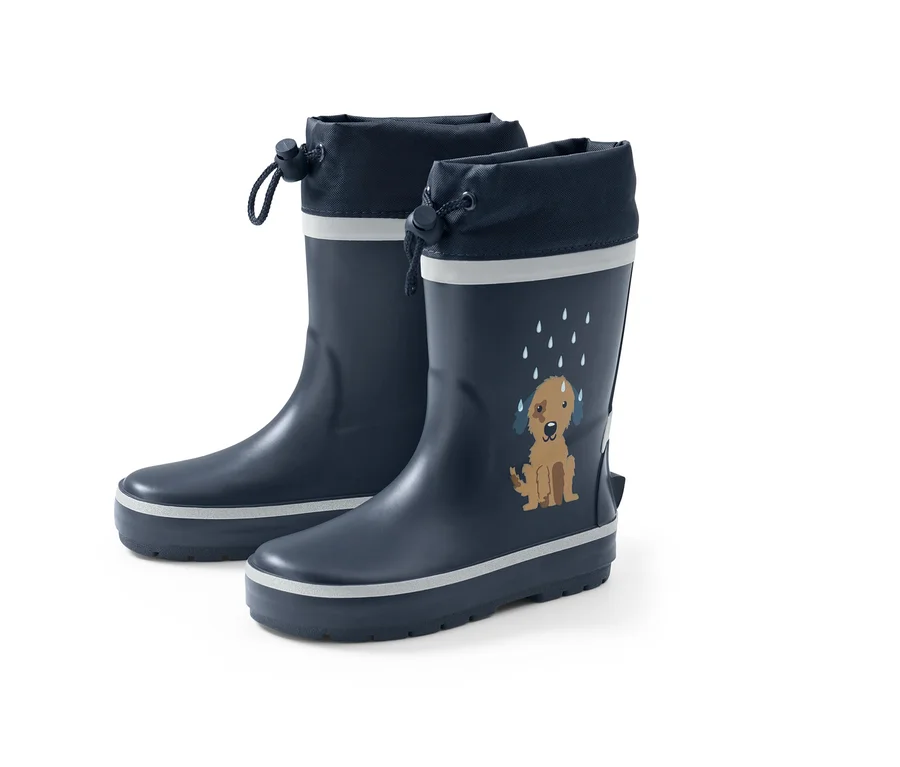 Blaue Gummistiefel mit Hund.