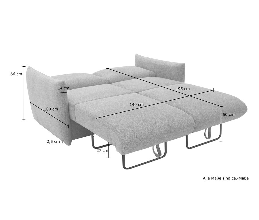 Ausgeklapptes graues DOMO collection Schlafsofa 2-Sitzer »Helsinki« mit Maßangaben.