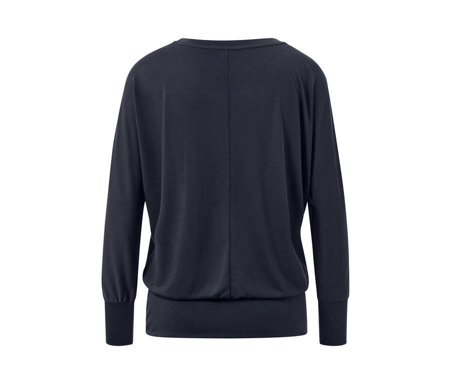 Rückansicht des marineblauen Sport-und-Yogashirts mit langen Ärmeln.