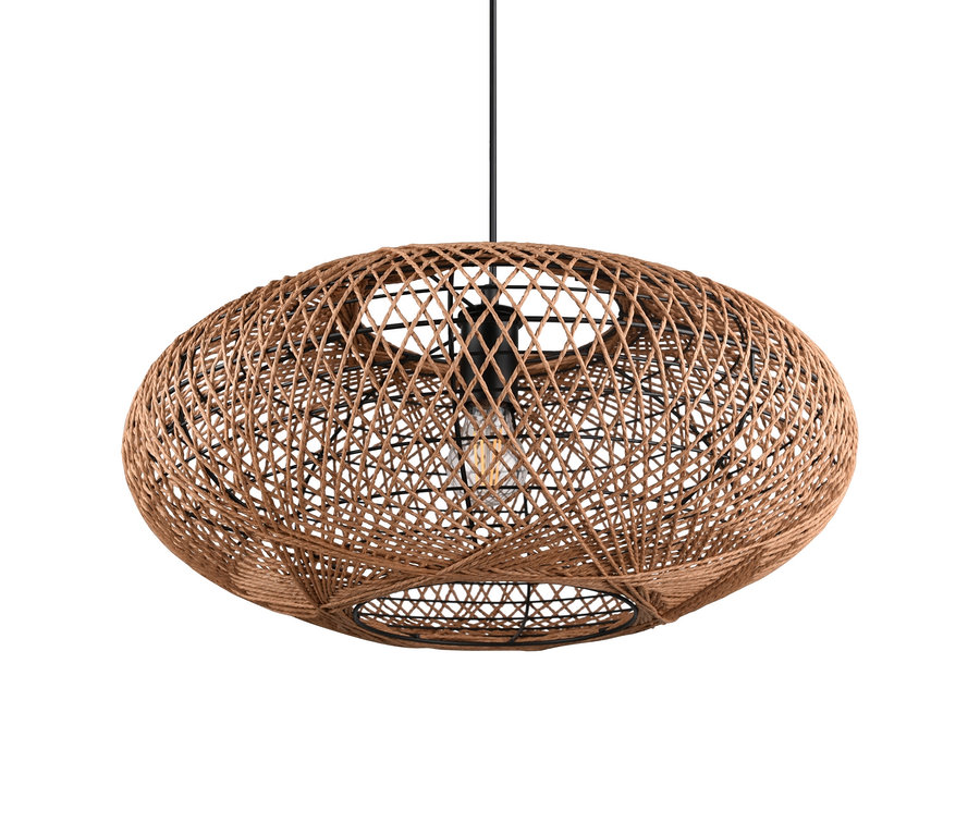 Eine Trio Pendelleuchte »Hedda« mit einem Lampenschirm aus braunem Korbgeflecht.