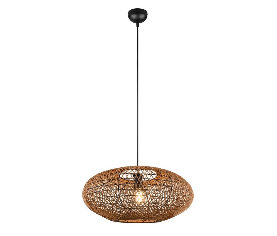 Eine braune Korb Lampe hängt an einem schwarzen Kabel.