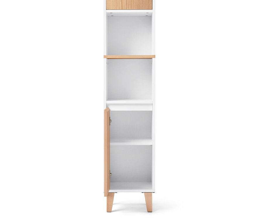 Weißer Bad-Hochschrank mit offenem Fach und 2 Türen mit Holzelementen.