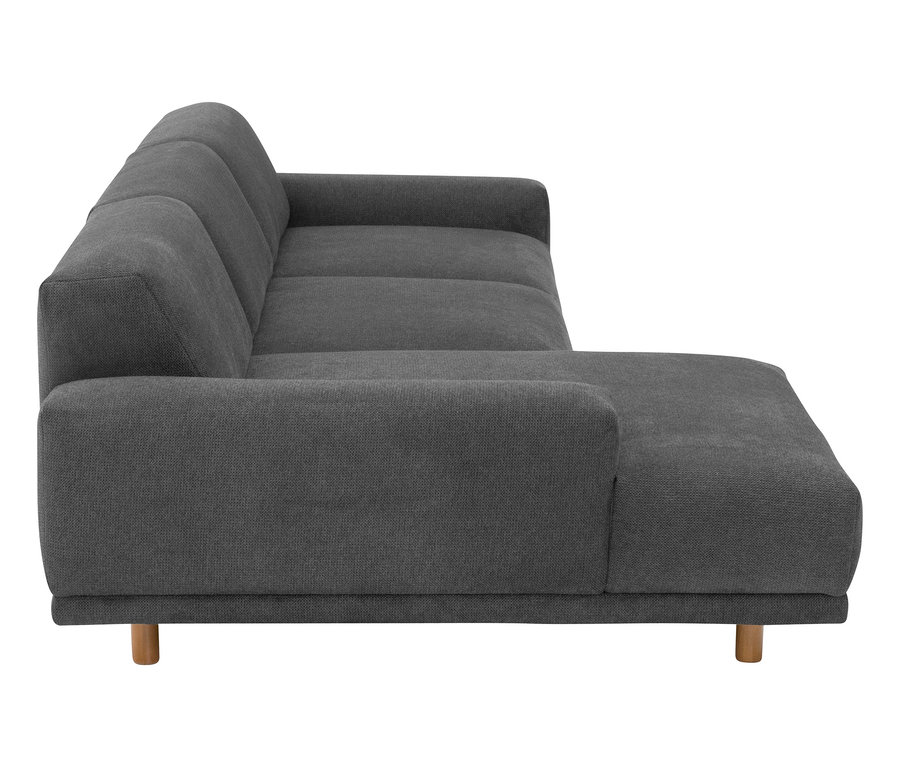 Detailansicht des Ecksofas "Penelope" in Dunkelgrau, links.