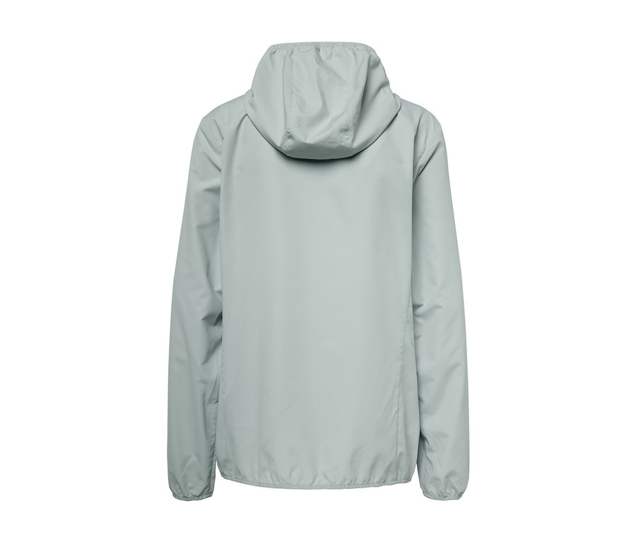 Graue, packbare Funktionsjacke von hinten.
