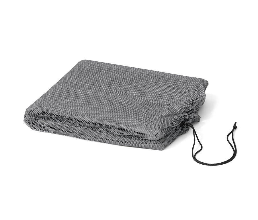 Graue Premium-Abdeckhaube für Strandkorb XL, zusammengefaltet auf weißem Hintergrund.