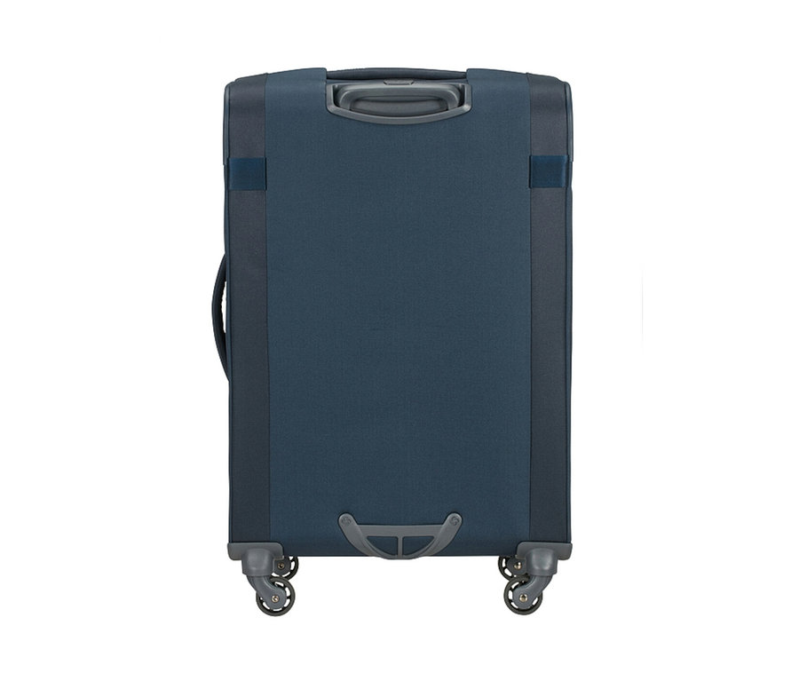 Detailansicht der Rückseite eines mittelblauen Samsonite CITYBEAT SPINNER Koffers.