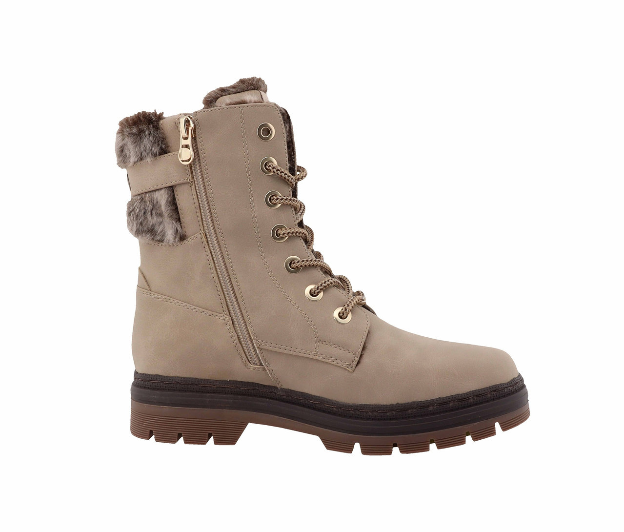 Beiger Worker-Boot mit Schnürung und brauner Sohle.