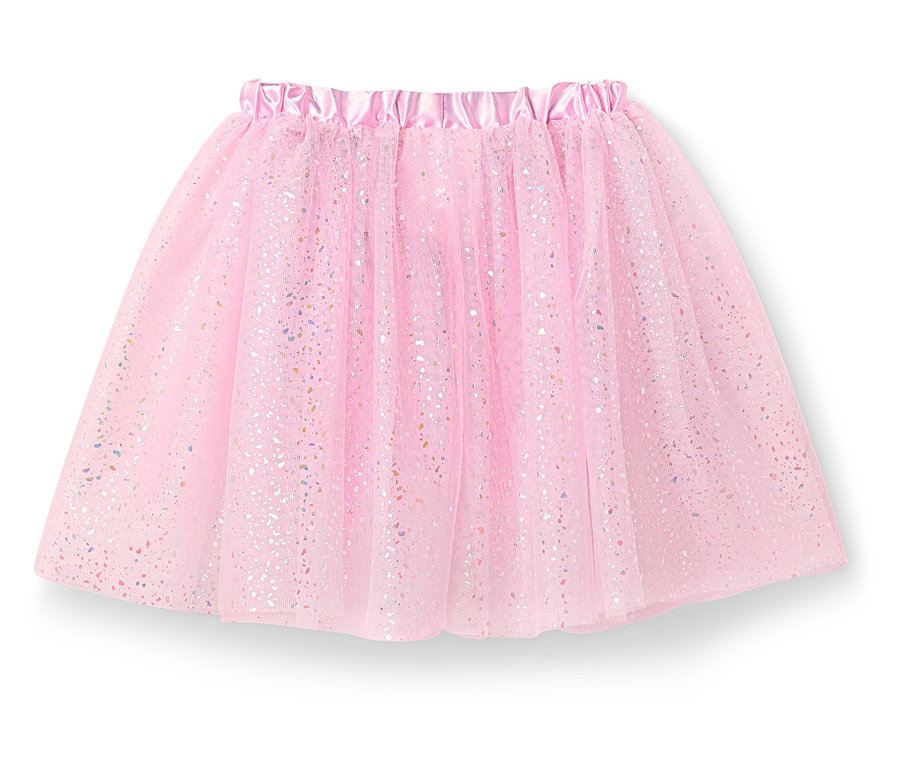 Ein rosafarbener Tüllrock mit elastischem Bund und Glitzerdetails.