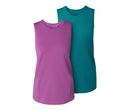 Zwei Sport-Tops, türkis und violett.