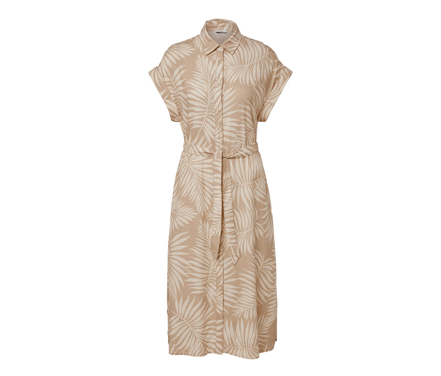 Ein bedrucktes Leinenkleid in Beige mit kurzen Ärmeln und Blättermuster.