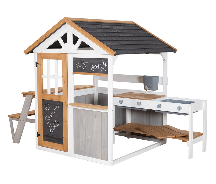 roba Garten-Spielhaus mit schwarzem Dach, weißem Rahmen und grauen Wänden. Ausgestattet mit Tisch, Waschbecken und Tafel.