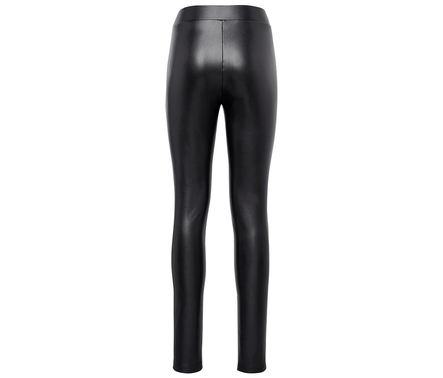 Schwarze Kunstleder-Leggings von hinten.