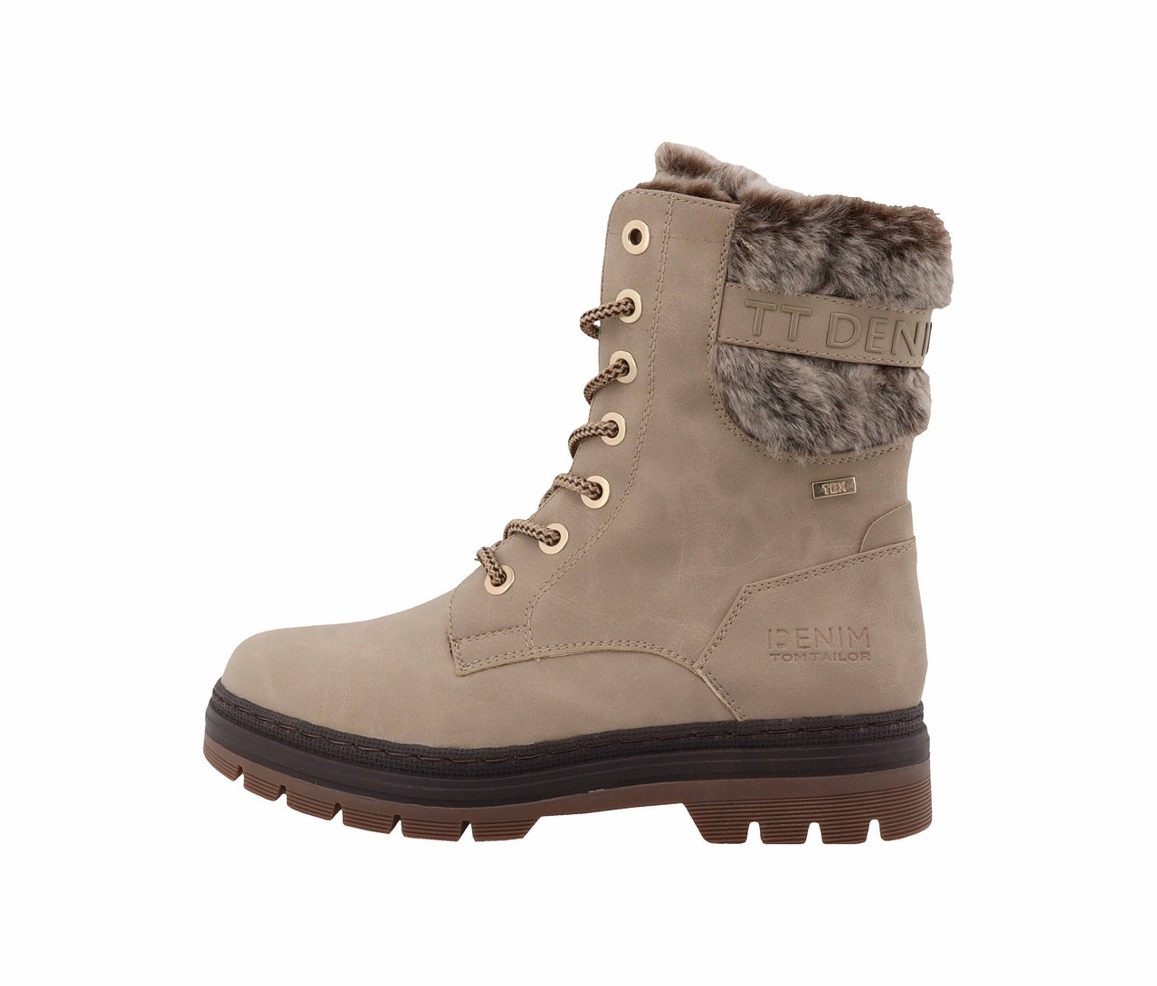 Ein beiger Lederstiefel mit Schnürung und brauner Sohle.