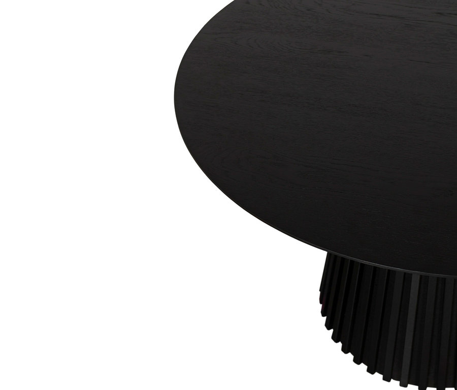 Detailansicht des runden deVries Esstisches »Andria« Black Oak, 120 cm Durchmesser.