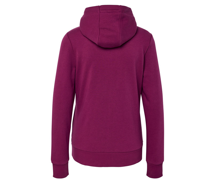 Rückansicht eines violetten Kapuzenpullovers.