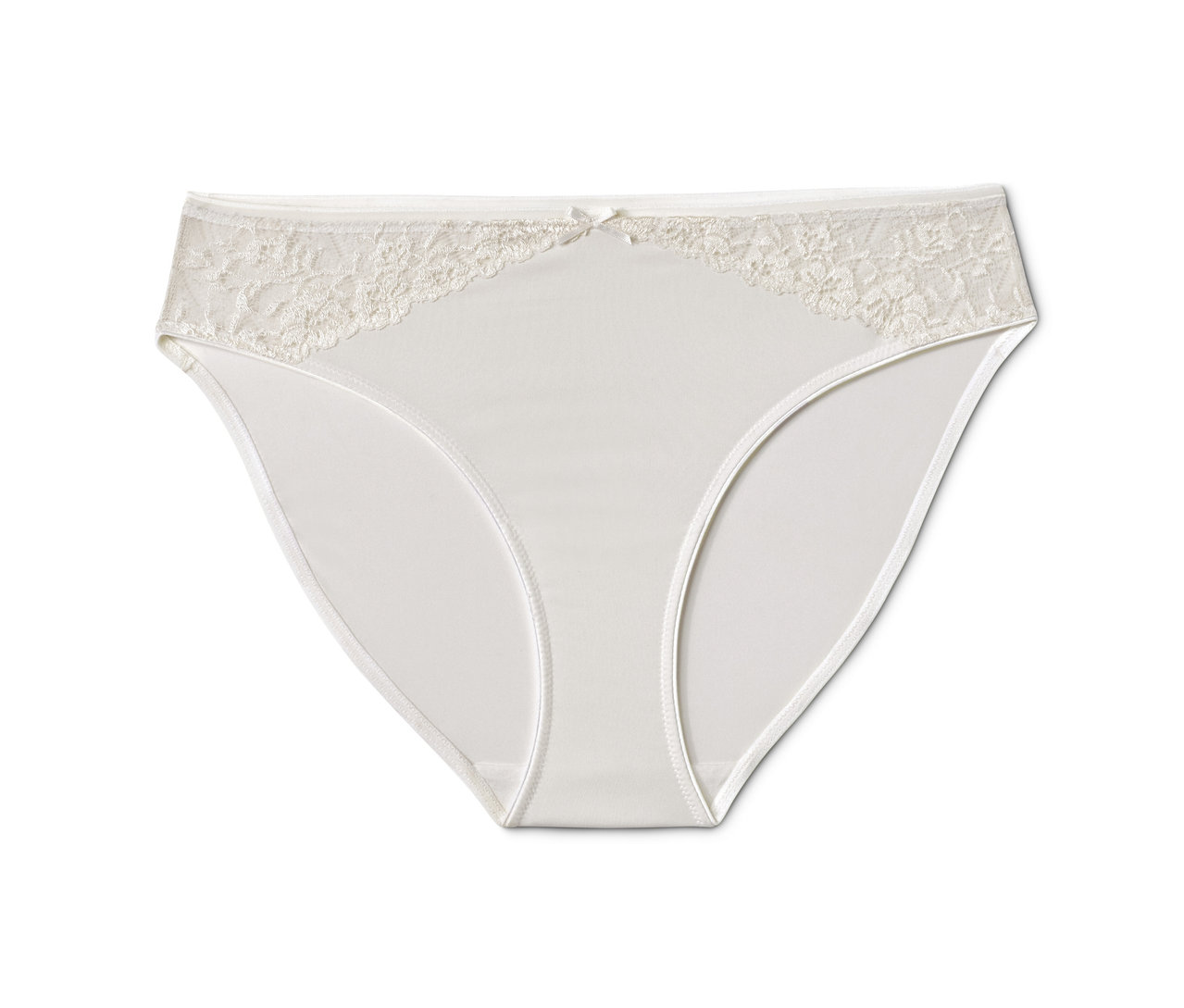 Ein cremeweißer Slip mit Spitze am Bund.